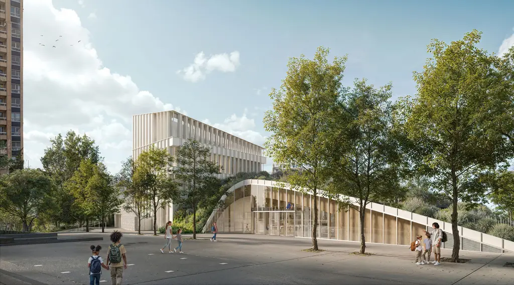 Vue d'artiste de l'école, avec notre immeuble